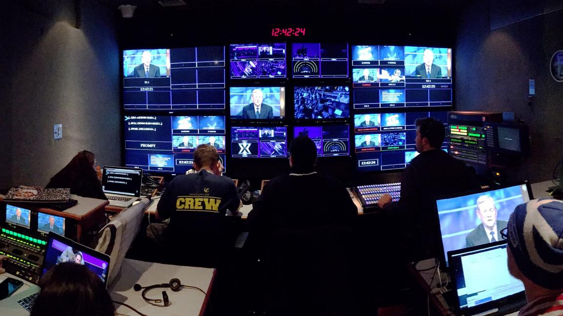 A view from the control room where Live X manages the live video stream before broadcast.